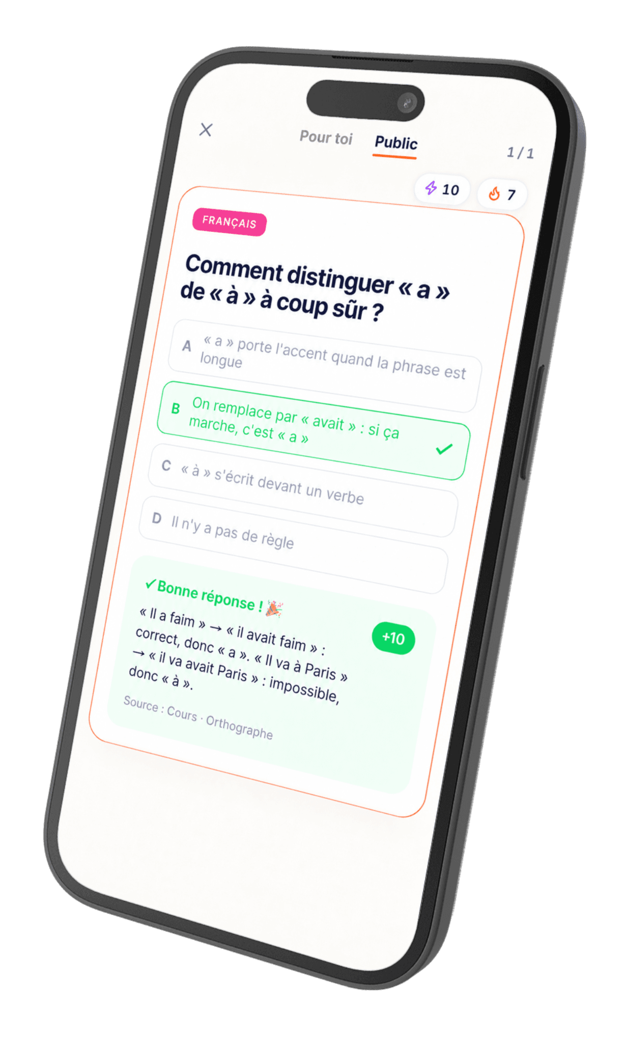 Une question de français dans Fluvi : la bonne réponse est en vert, avec son explication.